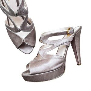 Prada Metallic Taupe Leather Platform Heels Size 39.5 Made in Italy